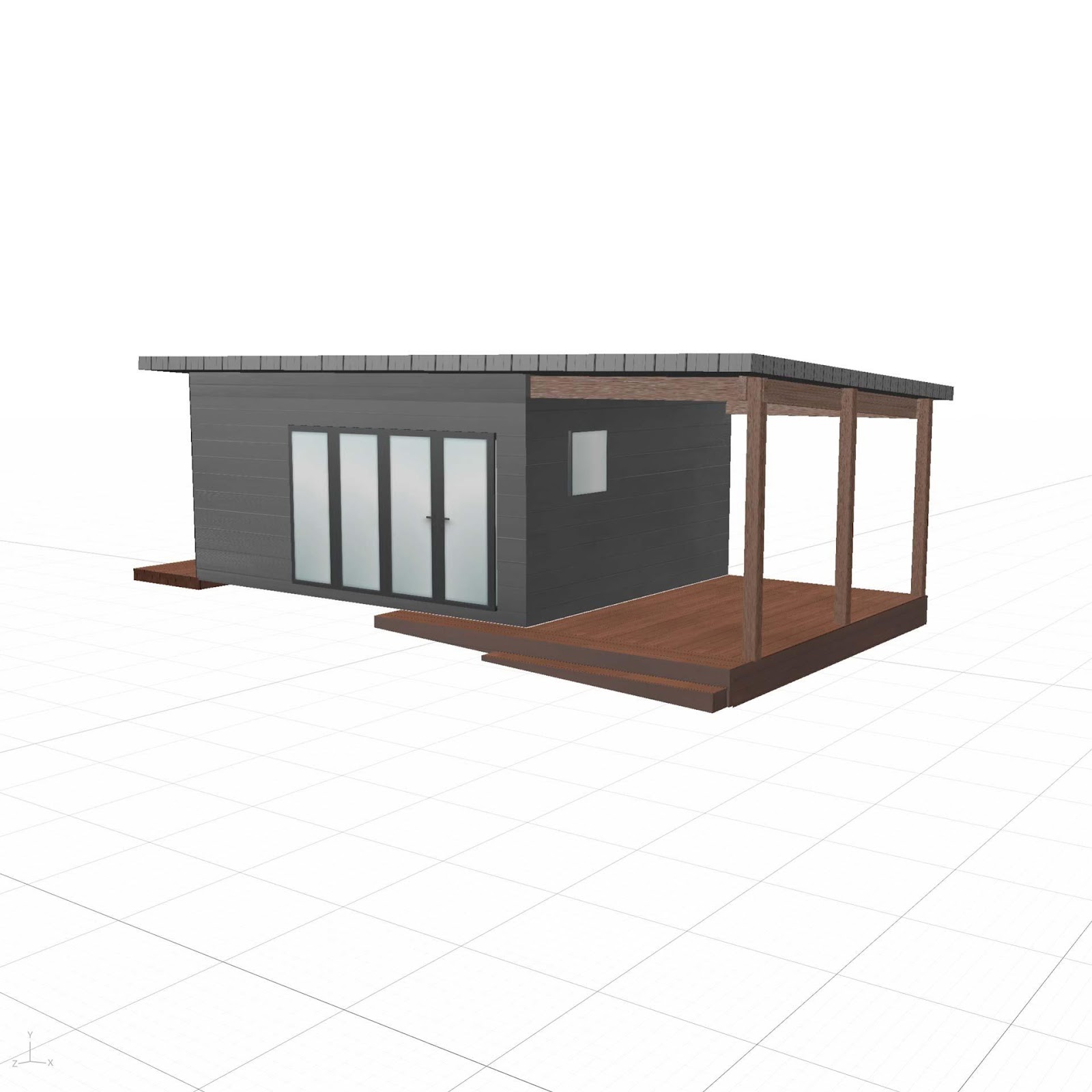 A 3D design concept for a garden room with a covered veranda — how a build is planned before a board is cut.